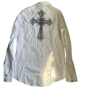 Wrangler Womens M White Metallic Rodeo Cross Western Pearl Snap Cowgirl Glam